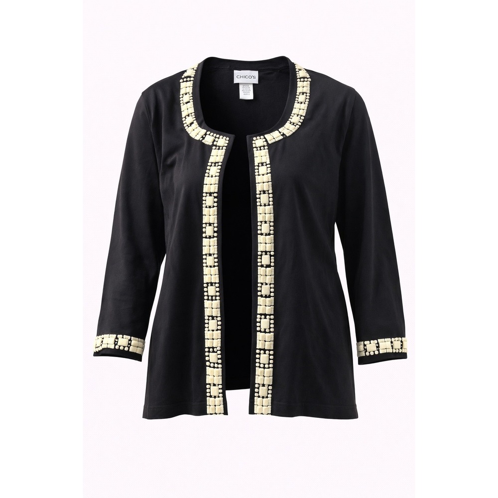 Chico's Jacket Women XL Black Beaded Trim Open Front Silk Blend 3/4 Sleeve